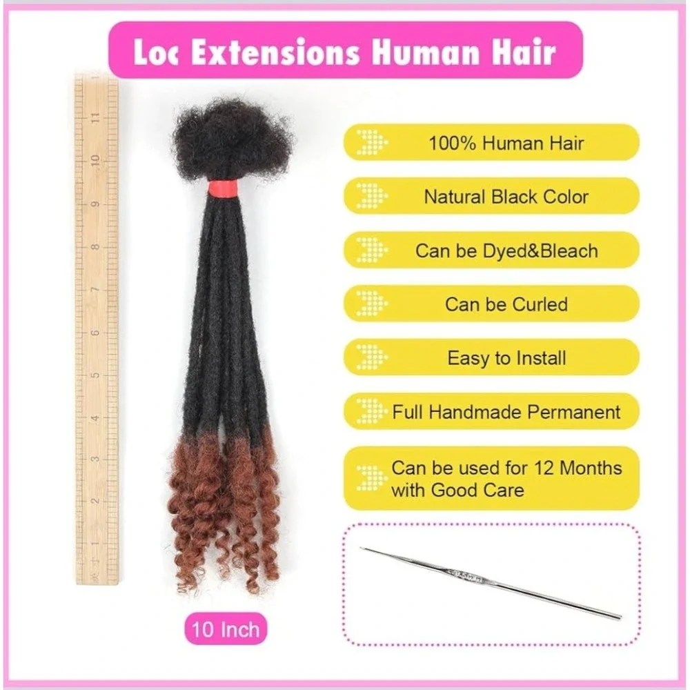100% Human Hair Handmade Loc Extensions‎ 10 Inch Curly Ends 50 Strands 1B/30 New
